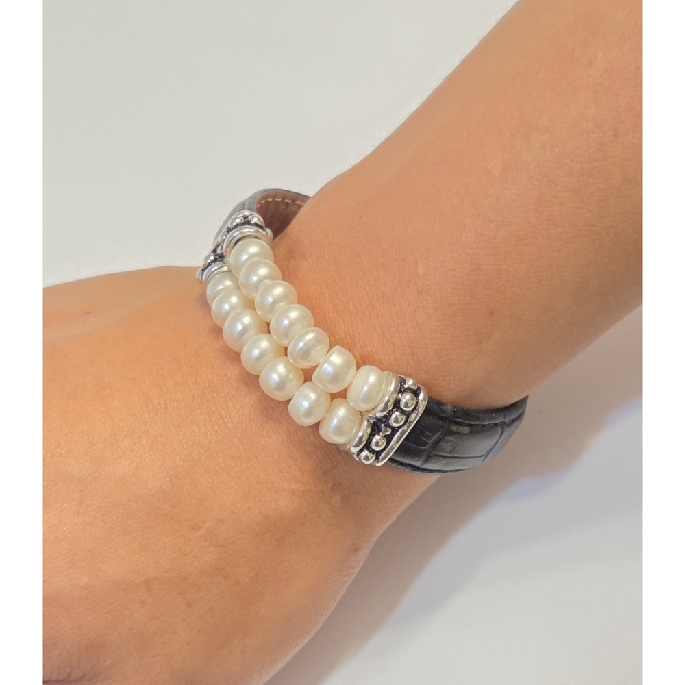 Vintage Genuine Honora 8mm Double Row Button Pearl Blk Leather Buckle Bracelet